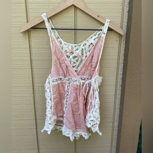 Free people lace and red stripe wrap tank sleeveless top